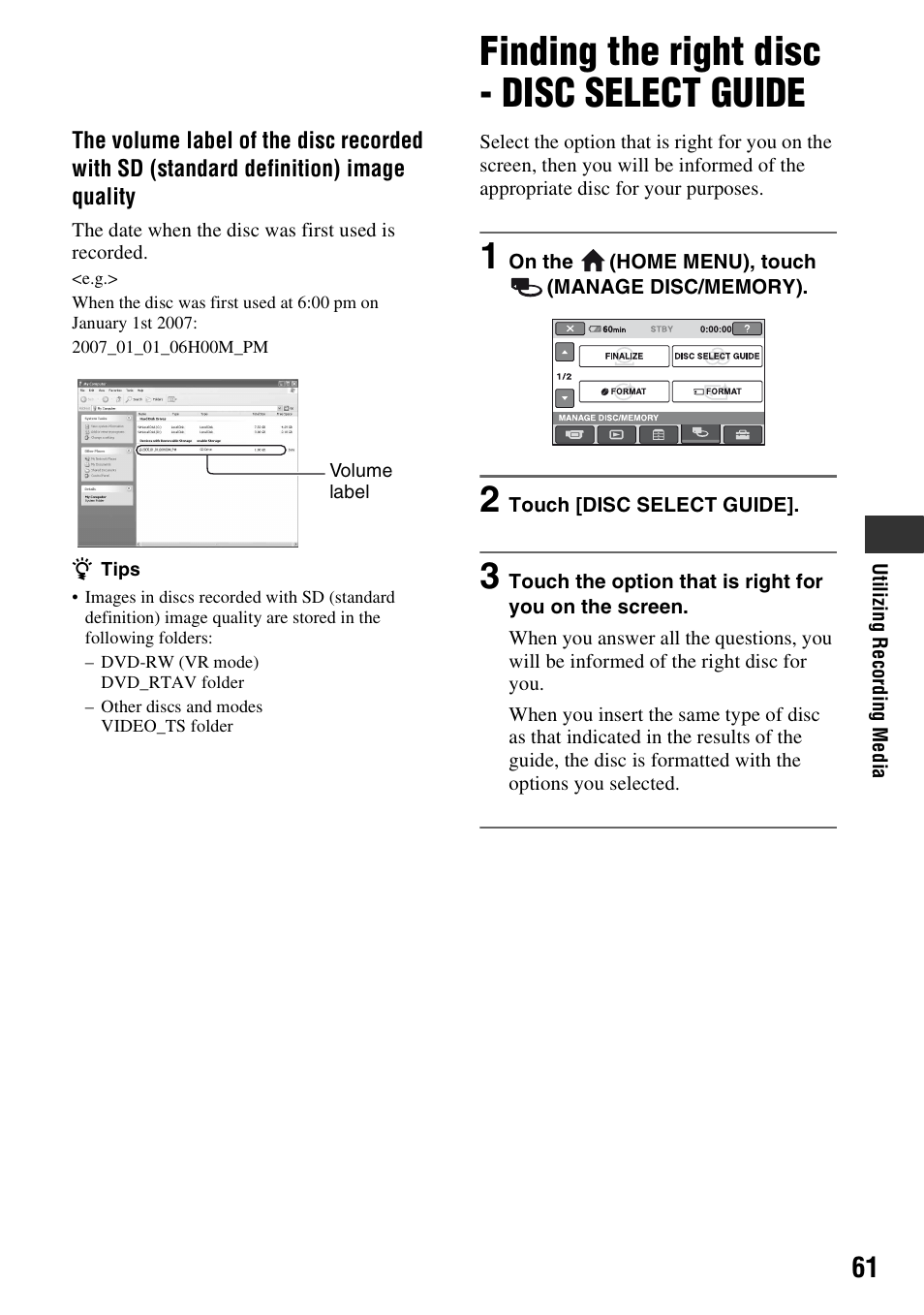 Finding the right disc - disc select guide, P. 61) | Sony HDR-UX5 User Manual | Page 61 / 143