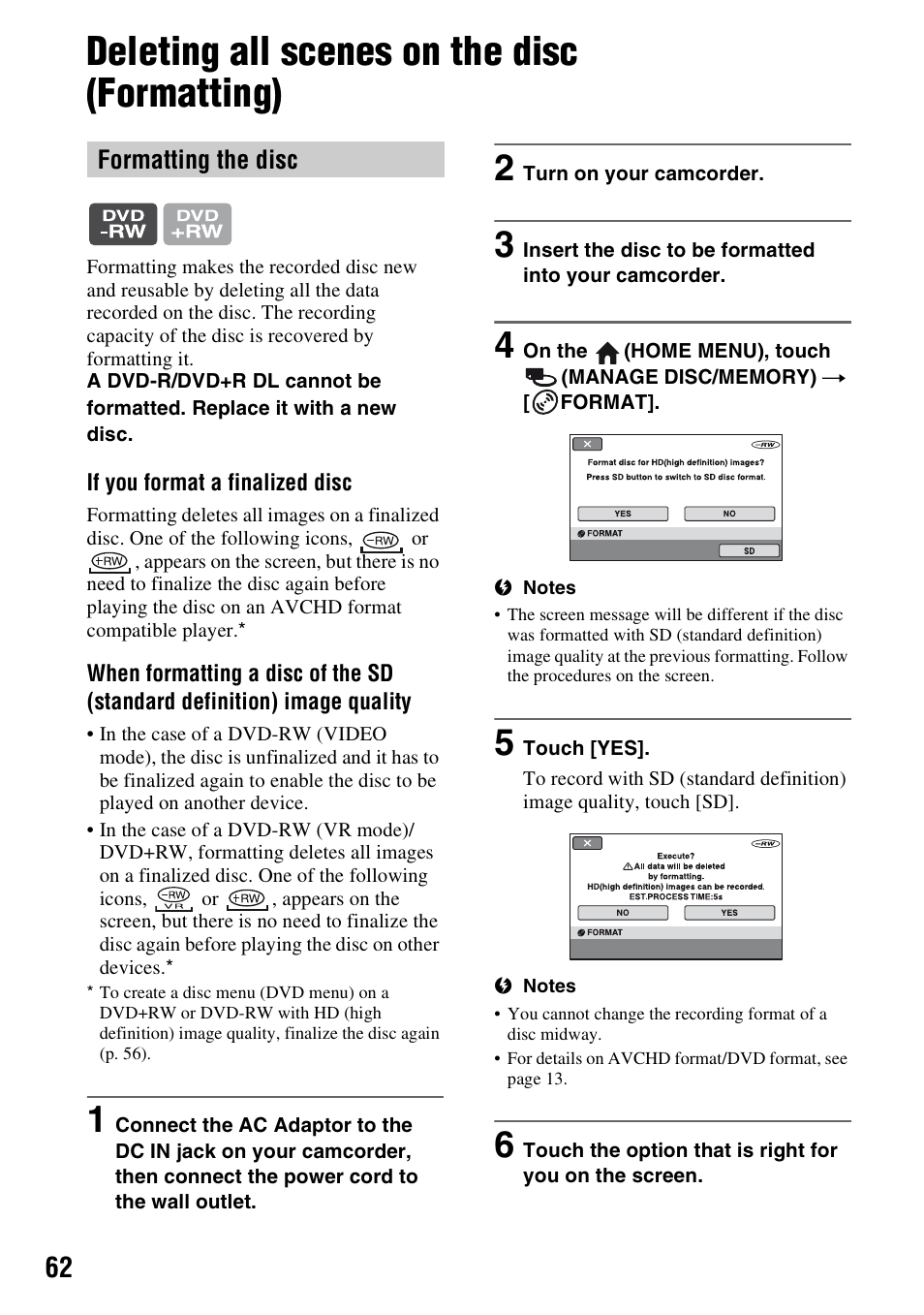 Deleting all scenes on the disc (formatting), N (62), O (p. 62) | P. 62), P. 62 | Sony HDR-UX5 User Manual | Page 62 / 143