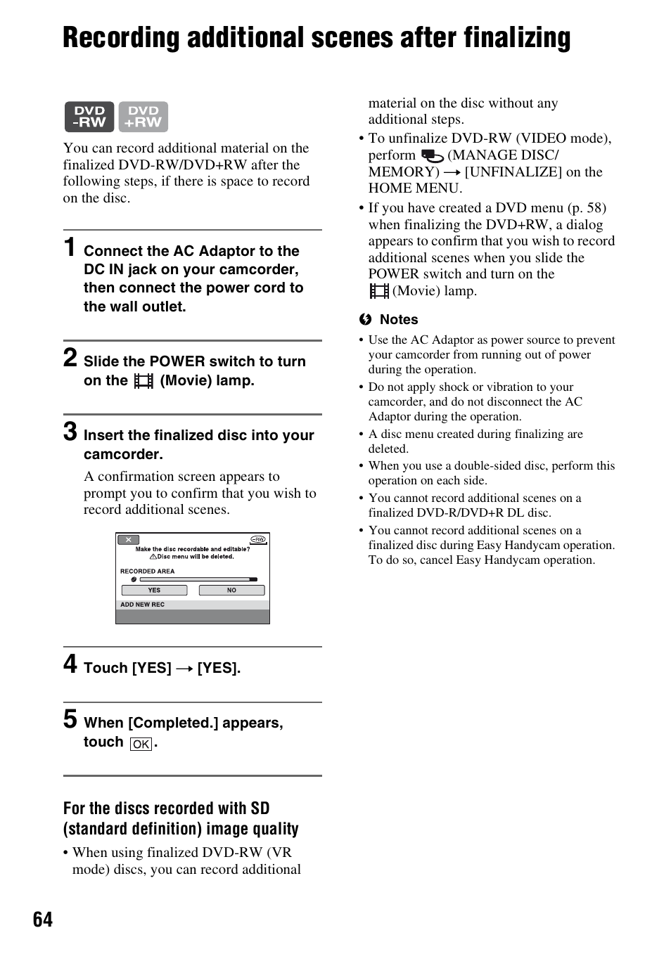 Recording additional scenes after finalizing, P. 64) | Sony HDR-UX5 User Manual | Page 64 / 143