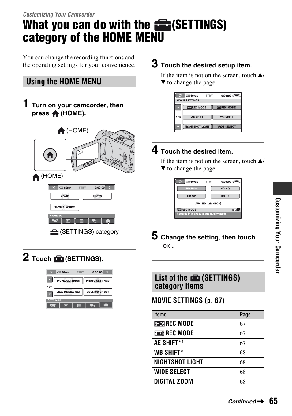 Customizing your camcorder, Using the home menu, List of the (settings) category items | Customizing your, Camcorder, What you can do with the, Settings) category of the, Home menu, List of the, P. 65) | Sony HDR-UX5 User Manual | Page 65 / 143