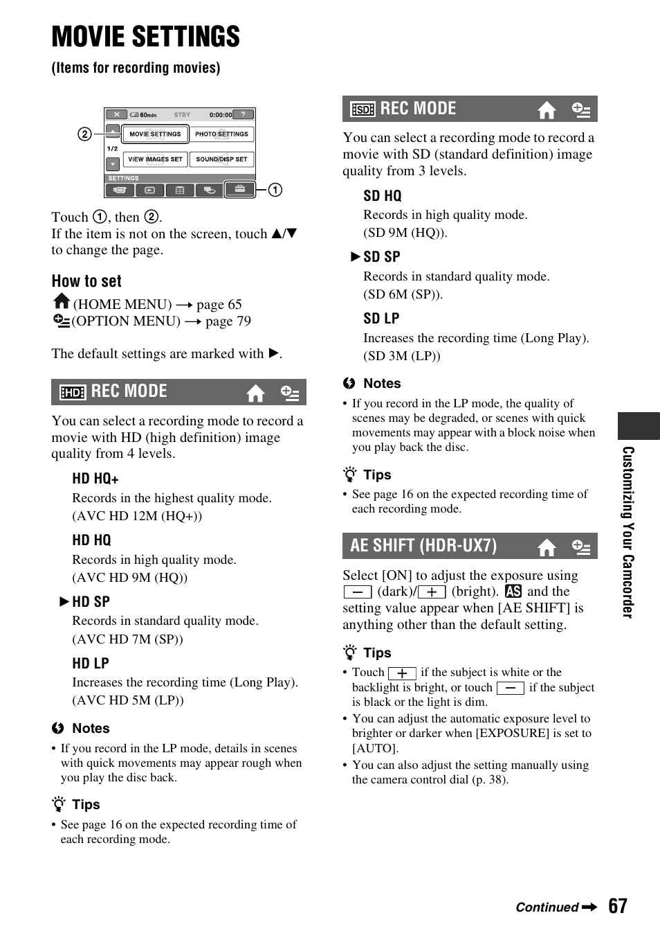 Movie settings, Items for recording movies), P. 67) | Rec mode, Rec mode ae shift (hdr-ux7) | Sony HDR-UX5 User Manual | Page 67 / 143