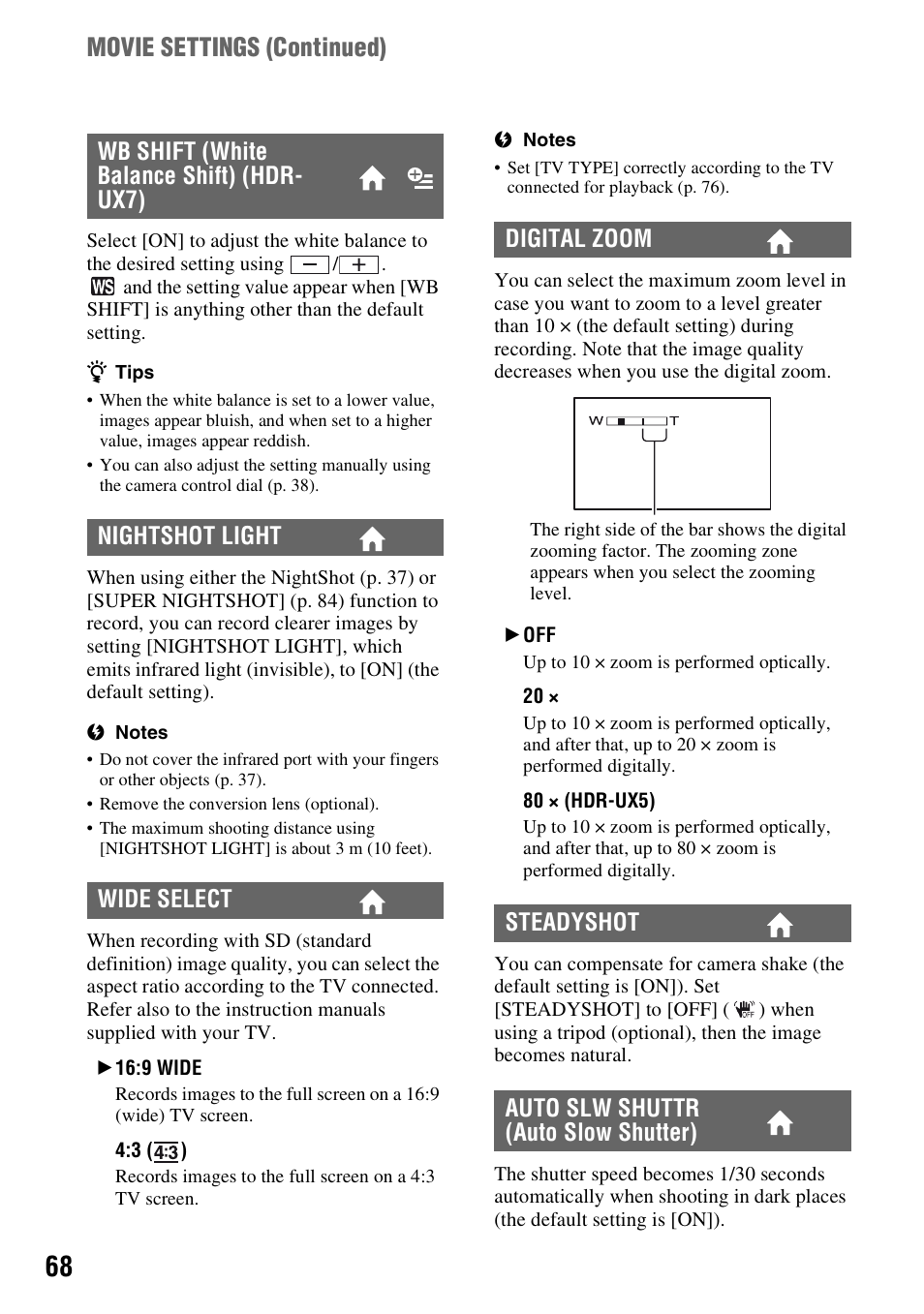 P. 68), Movie settings (continued) | Sony HDR-UX5 User Manual | Page 68 / 143