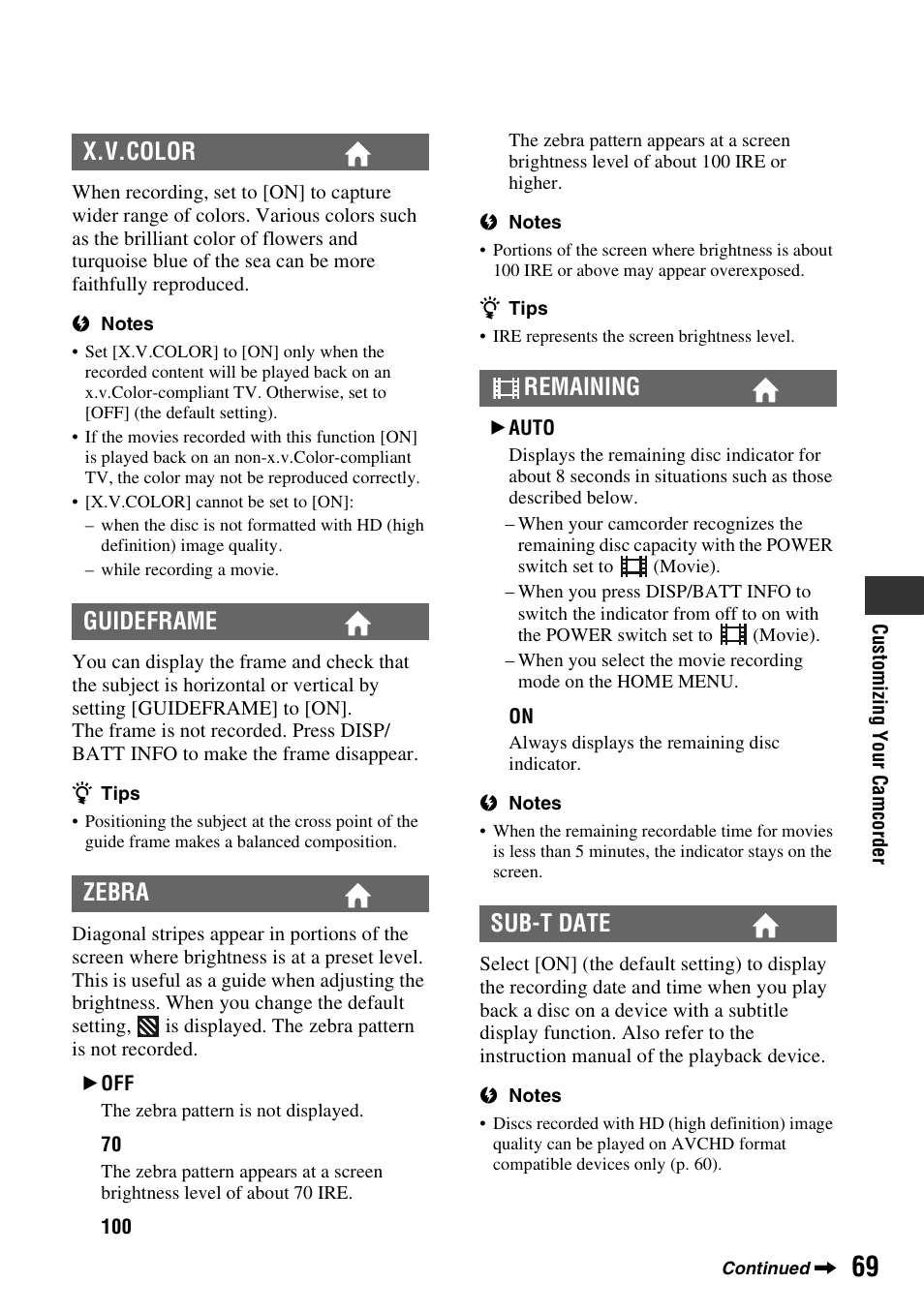 P. 69), X.v.color guideframe zebra remaining sub-t date | Sony HDR-UX5 User Manual | Page 69 / 143