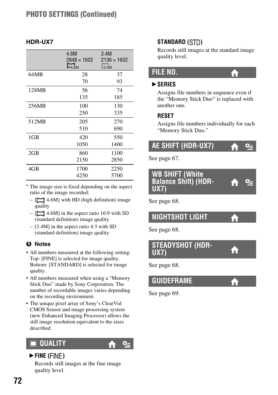 Photo settings (continued), Quality | Sony HDR-UX5 User Manual | Page 72 / 143