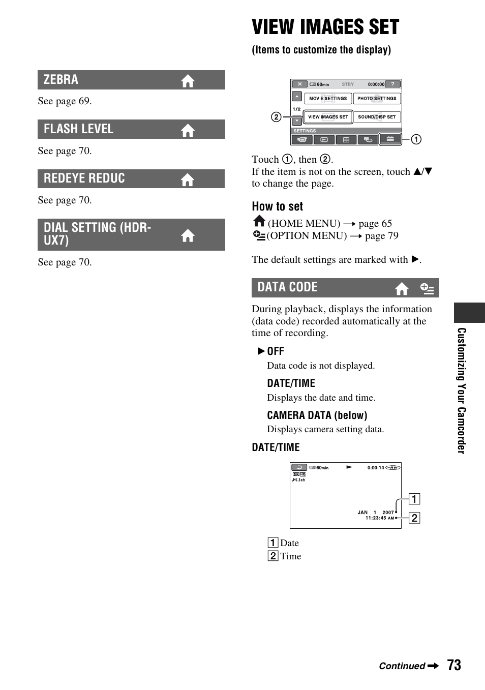 View images set, Items to customize the display), P. 73) | T (p. 73) | Sony HDR-UX5 User Manual | Page 73 / 143