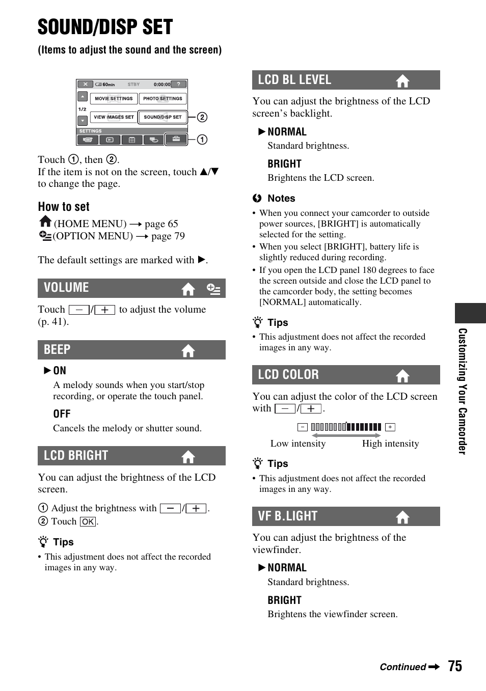 Sound/disp set, Items to adjust the sound and the screen), P. 75 | Volume beep lcd bright, Lcd bl level lcd color vf b.light | Sony HDR-UX5 User Manual | Page 75 / 143