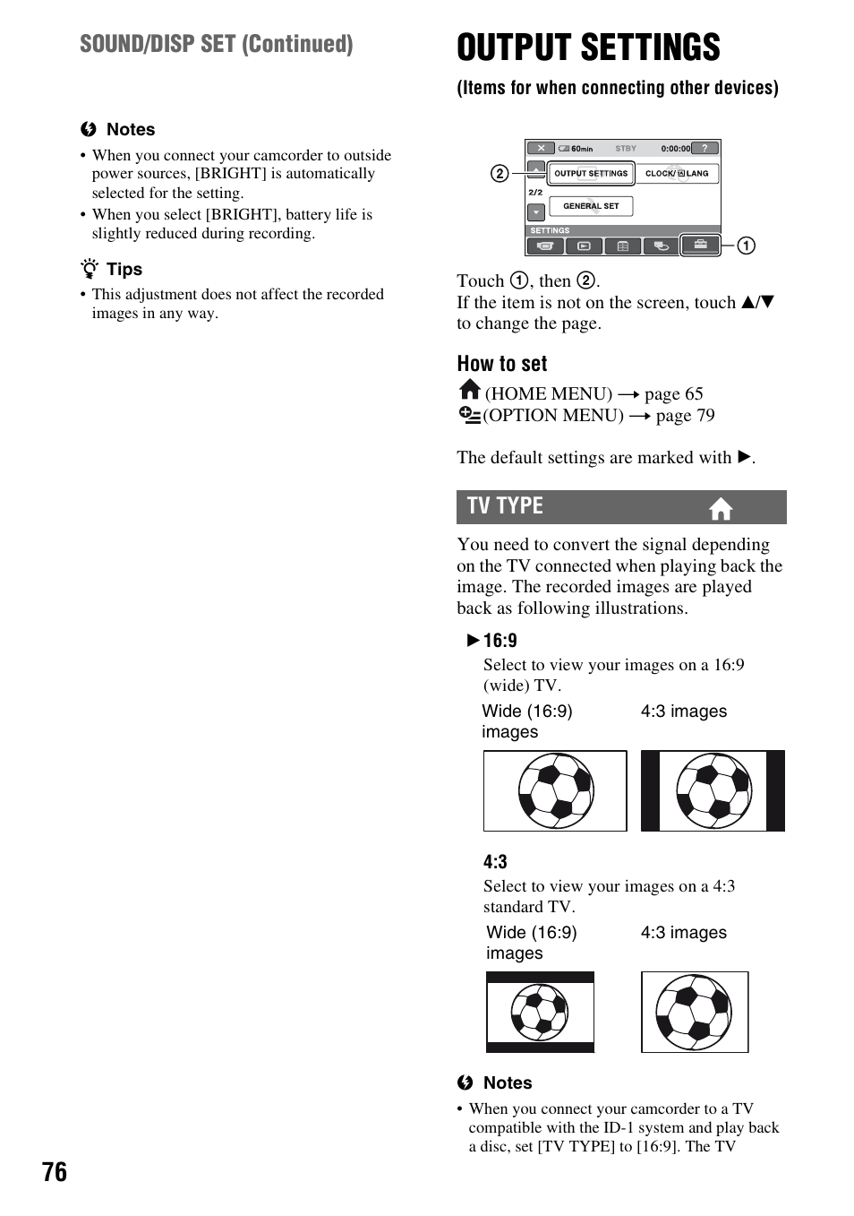 Output settings, Items for when connecting other devices), P. 76) | Sound/disp set (continued), Tv type | Sony HDR-UX5 User Manual | Page 76 / 143