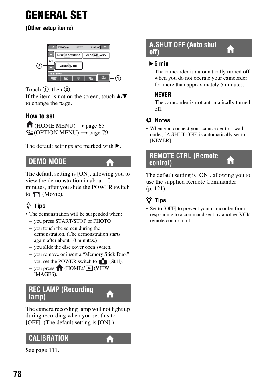 General set, Other setup items), P. 78) | Demo mode rec lamp (recording lamp) calibration | Sony HDR-UX5 User Manual | Page 78 / 143