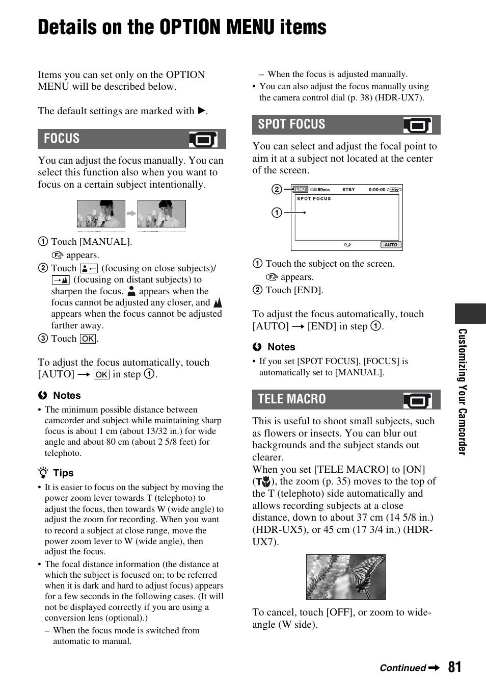 Details on the option menu items, P. 81), Focus spot focus tele macro | Sony HDR-UX5 User Manual | Page 81 / 143