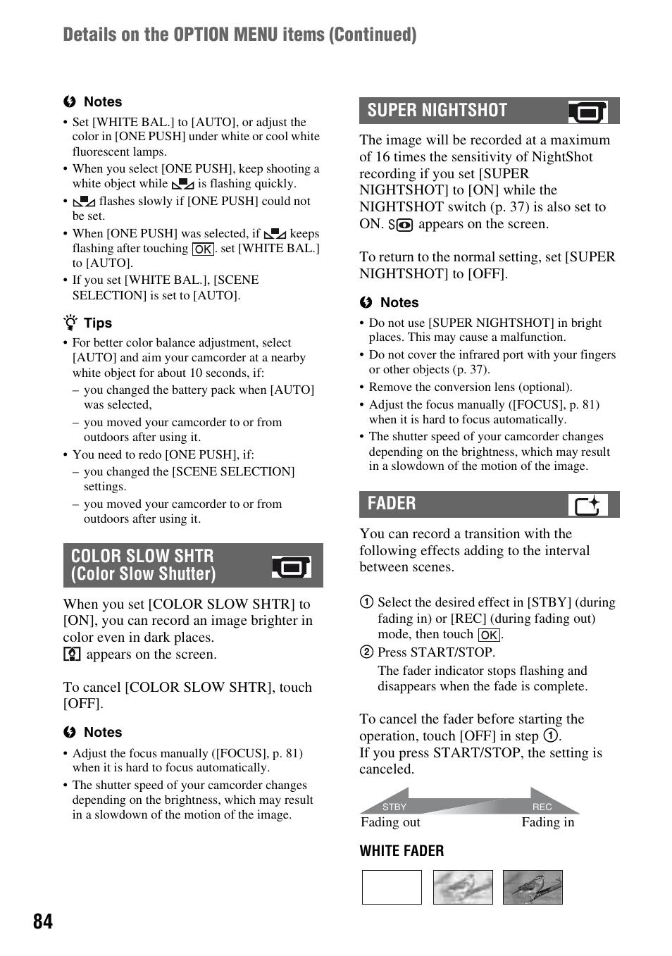 P. 84, Details on the option menu items (continued) | Sony HDR-UX5 User Manual | Page 84 / 143