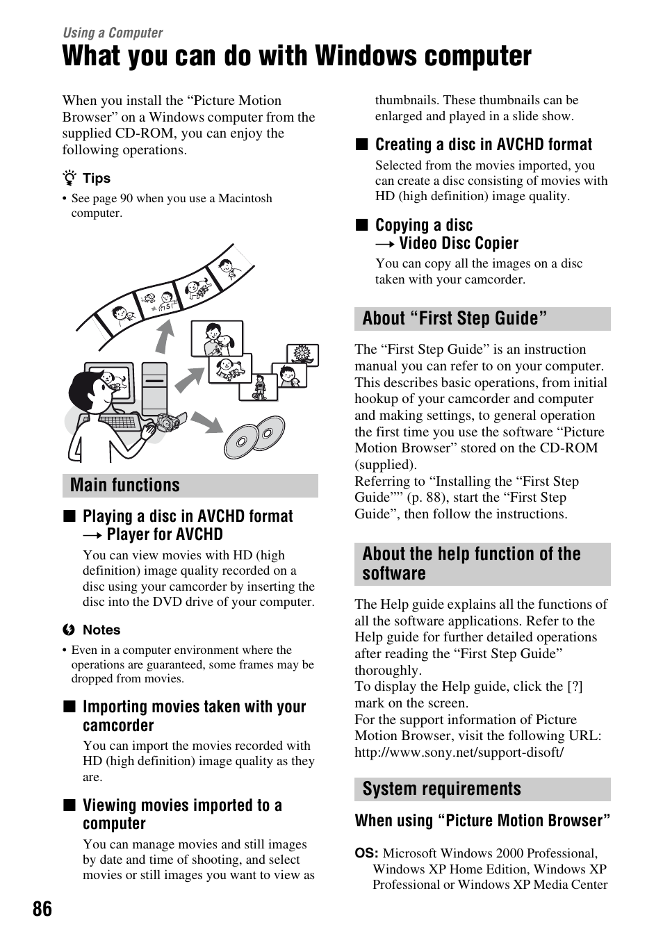 Using a computer, What you can do with windows computer, P. 86) | 1) (p. 86), P. 86 | Sony HDR-UX5 User Manual | Page 86 / 143