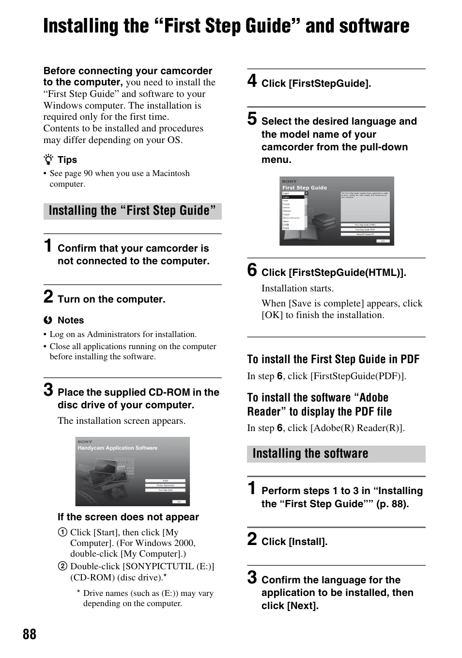 Installing the “first step guide” and software, P. 88), P. 88 | Sony HDR-UX5 User Manual | Page 88 / 143