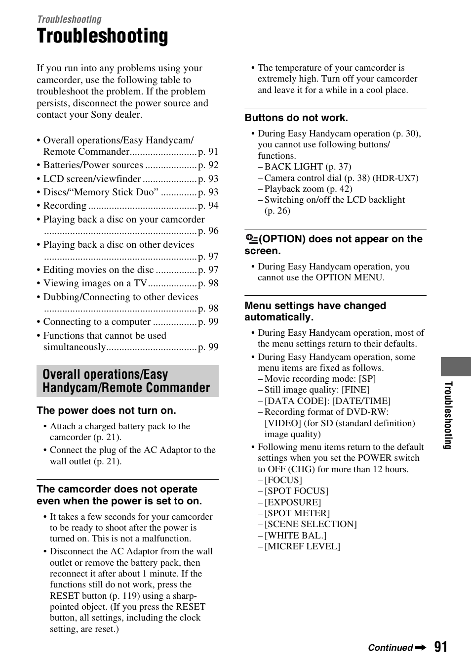 Troubleshooting, P. 91, Overall operations/easy handycam/remote commander | Sony HDR-UX5 User Manual | Page 91 / 143