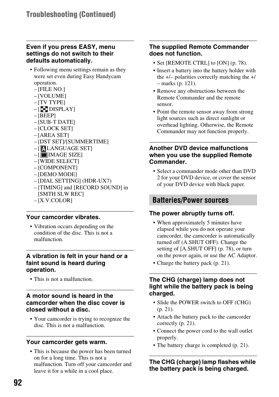 Batteries/power sources, P. 92, Troubleshooting (continued) | Sony HDR-UX5 User Manual | Page 92 / 143