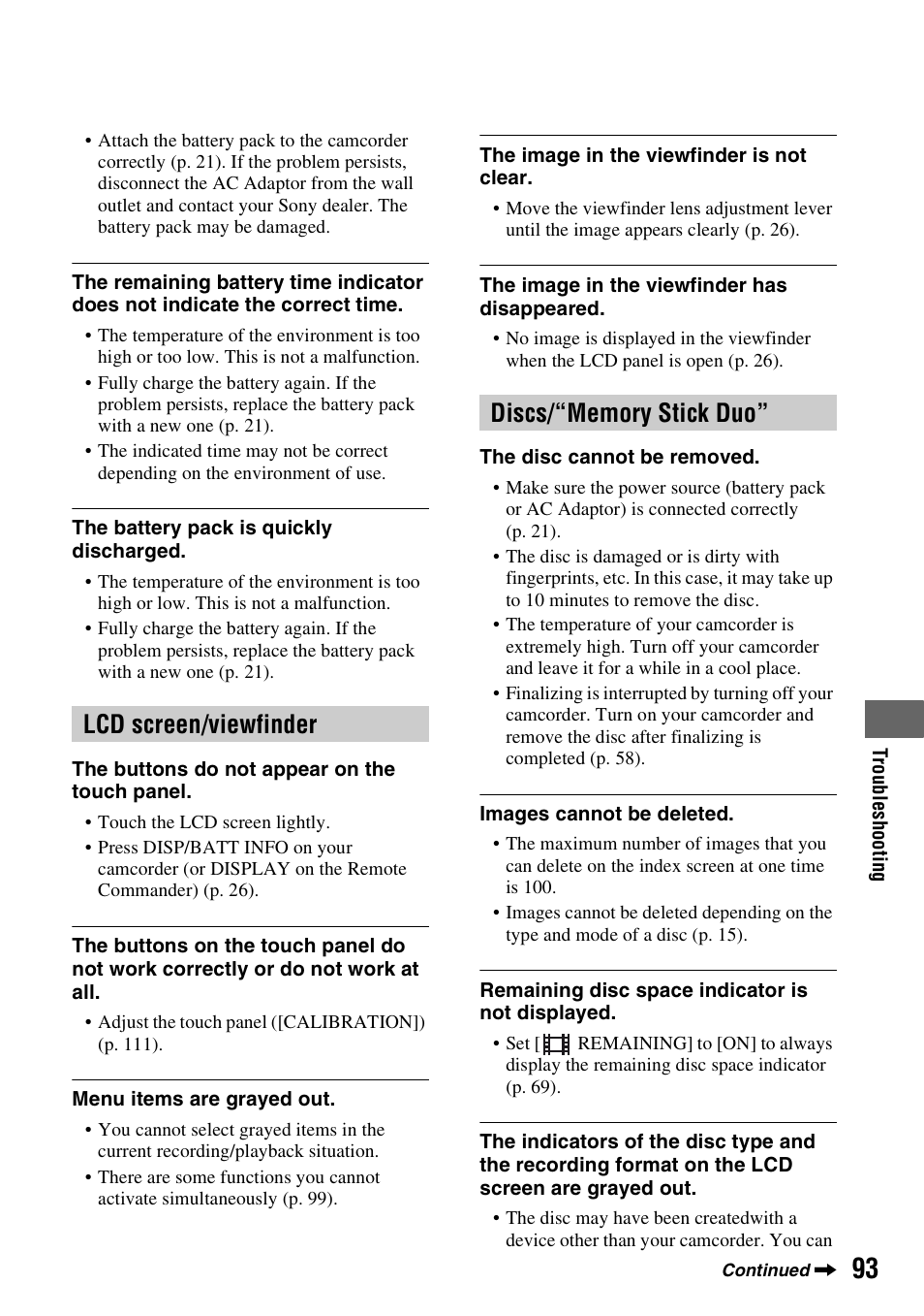 Lcd screen/viewfinder, P. 93, Discs/“memory stick duo | Sony HDR-UX5 User Manual | Page 93 / 143