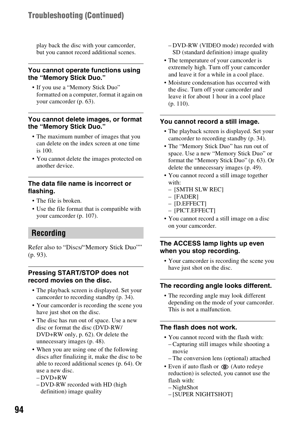 Recording, P. 94, Troubleshooting (continued) | Sony HDR-UX5 User Manual | Page 94 / 143