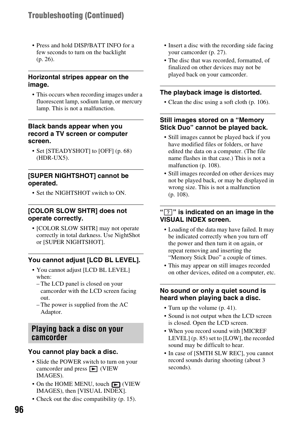 Playing back a disc on your camcorder, P. 96, Troubleshooting (continued) | Sony HDR-UX5 User Manual | Page 96 / 143