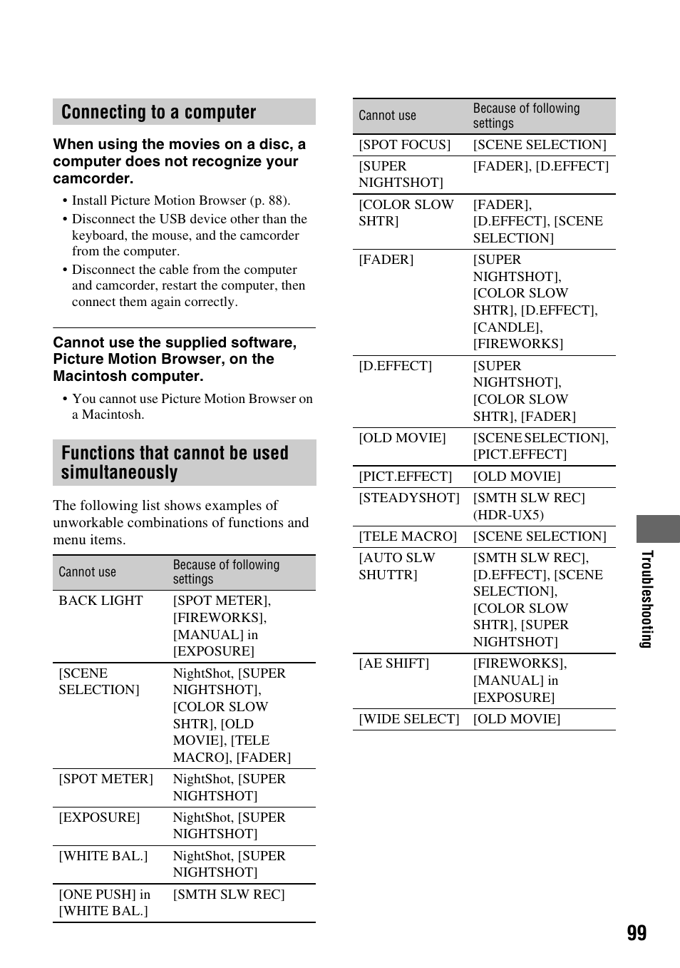 Connecting to a computer, P. 99, Functions that cannot be used | Simultaneously, P. 99) | Sony HDR-UX5 User Manual | Page 99 / 143