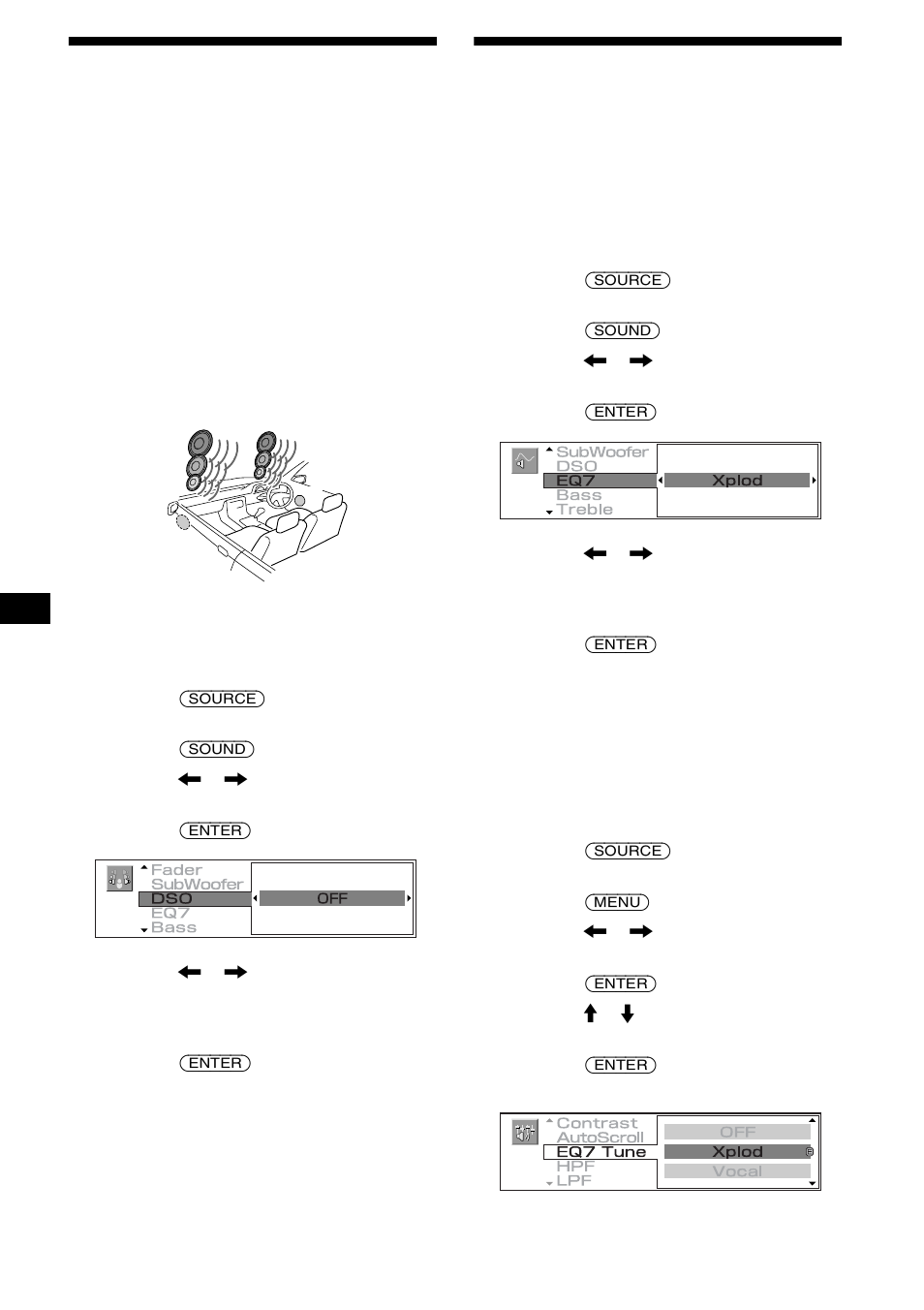 Ajuste del ecualizador (eq7), Ajuste del organizador de sonido de baja, Frecuencia dinámico (dso) | Sony CDX-M3DI User Manual | Page 100 / 112