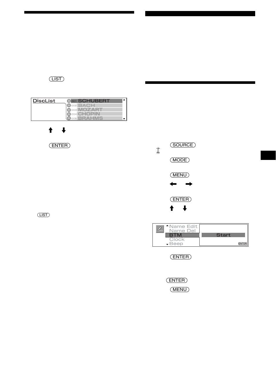Locating a disc by name, List-up, Radio | Storing stations automatically, Best tuning memory (btm), On 15, 15 locating a disc by name | Sony CDX-M3DI User Manual | Page 15 / 112
