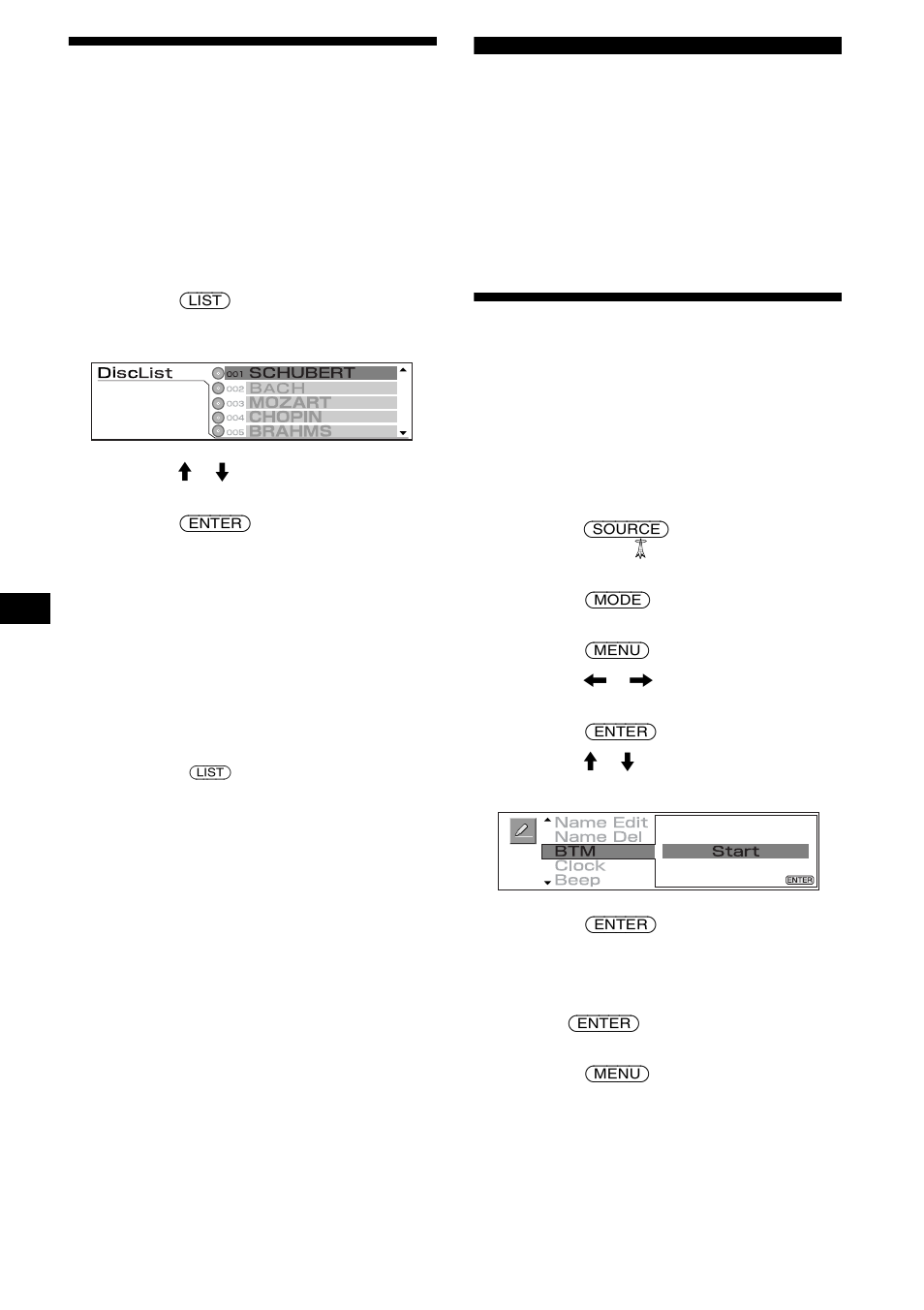 Localización de discos por nombre, Listado, Radio | Almacenamiento automático de emisoras, Memoria de emisoras con mejor sintonía (btm), 16 localización de discos por nombre | Sony CDX-M3DI User Manual | Page 88 / 112
