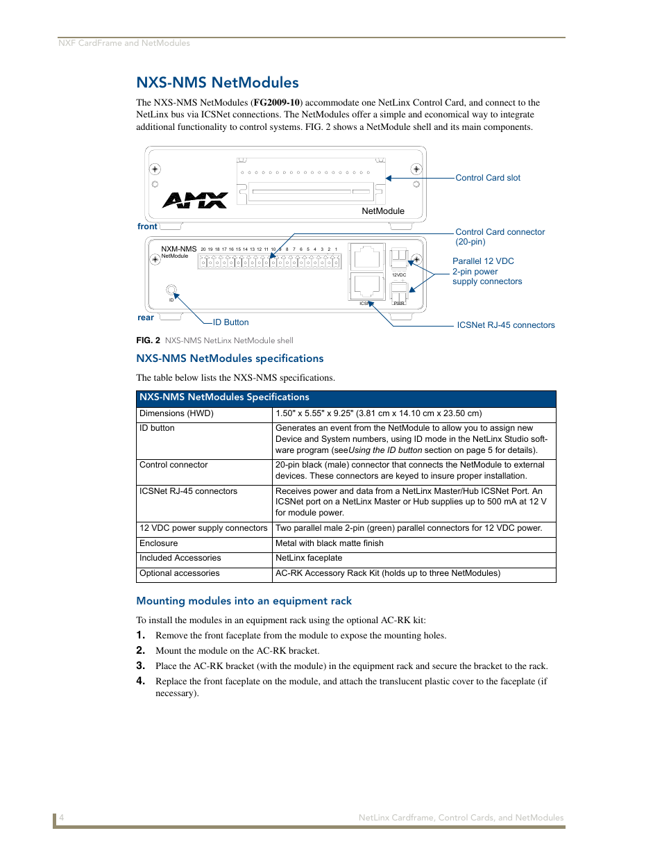 Nxs-nms netmodules, Nxs-nms netmodules specifications, Mounting modules into an equipment rack | The table below lists the nxs-nms specifications, Mount the module on the ac-rk bracket | AMX NetLinx NXM Series User Manual | Page 10 / 54