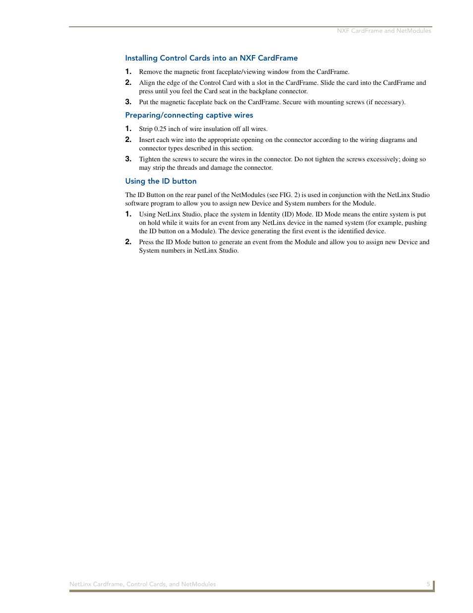 Installing control cards into an nxf cardframe, Preparing/connecting captive wires, Using the id button | AMX NetLinx NXM Series User Manual | Page 11 / 54