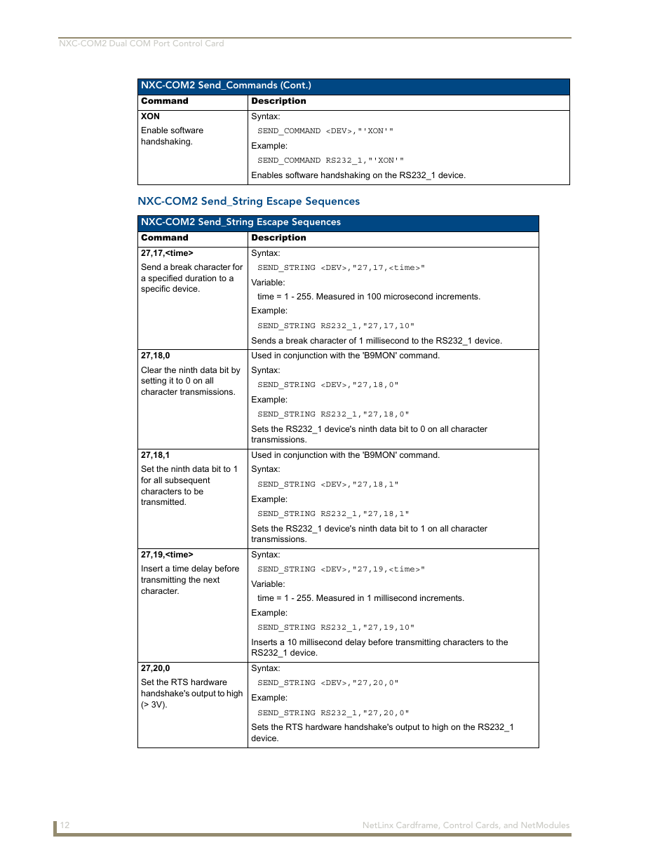 Nxc-com2 send_string escape sequences | AMX NetLinx NXM Series User Manual | Page 18 / 54