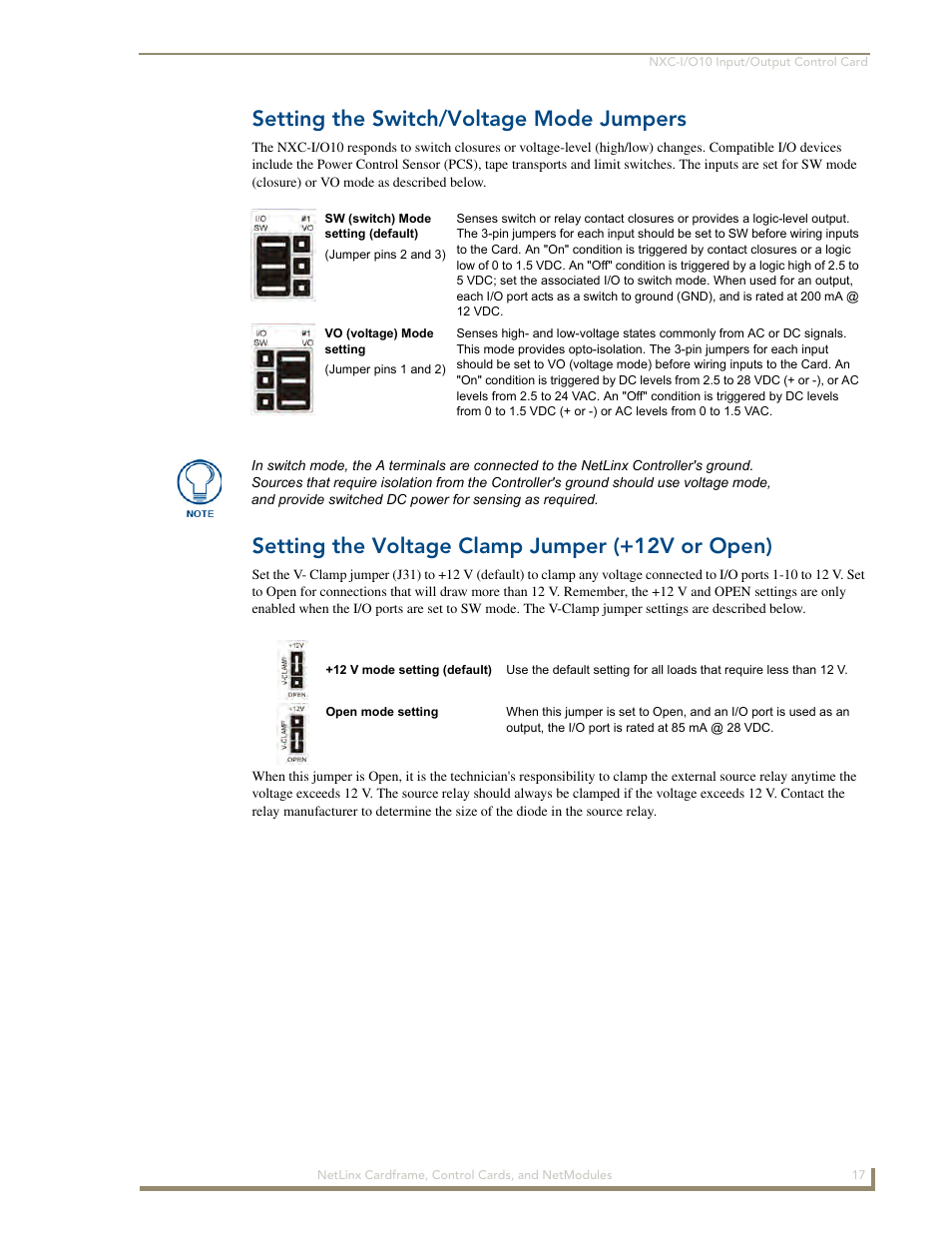 Setting the switch/voltage mode jumpers, Setting the voltage clamp jumper (+12v or open) | AMX NetLinx NXM Series User Manual | Page 23 / 54