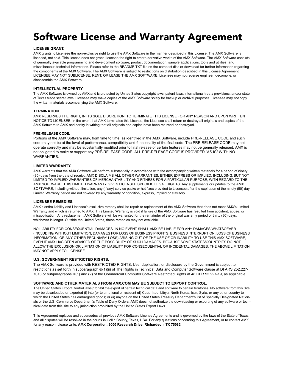Software license and warranty agreement | AMX NetLinx NXM Series User Manual | Page 3 / 54