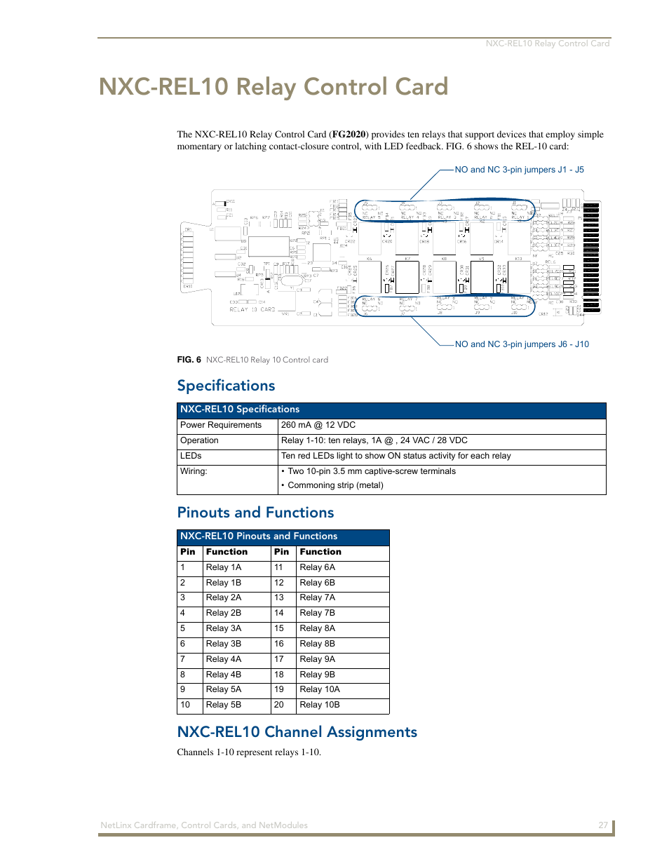 Nxc-rel10 relay control card, Specifications, Pinouts and functions | Nxc-rel10 channel assignments | AMX NetLinx NXM Series User Manual | Page 33 / 54