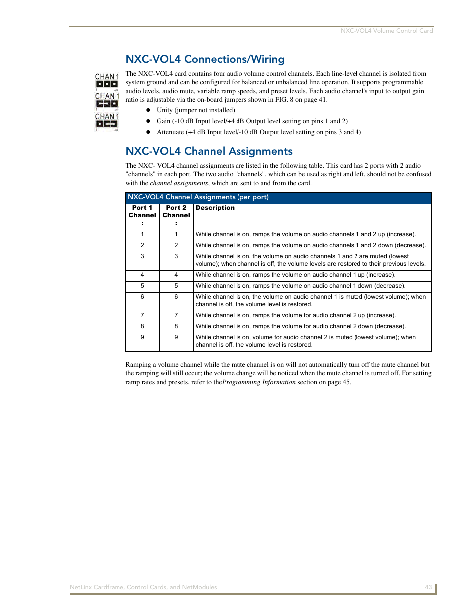 Nxc-vol4 connections/wiring, Nxc-vol4 channel assignments | AMX NetLinx NXM Series User Manual | Page 49 / 54