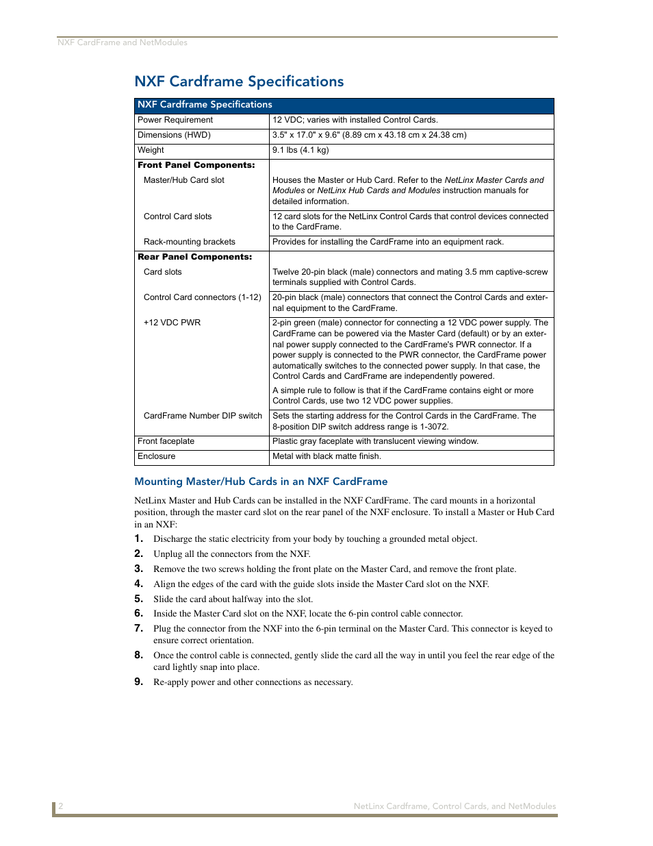 Nxf cardframe specifications, Mounting master/hub cards in an nxf cardframe | AMX NetLinx NXM Series User Manual | Page 8 / 54