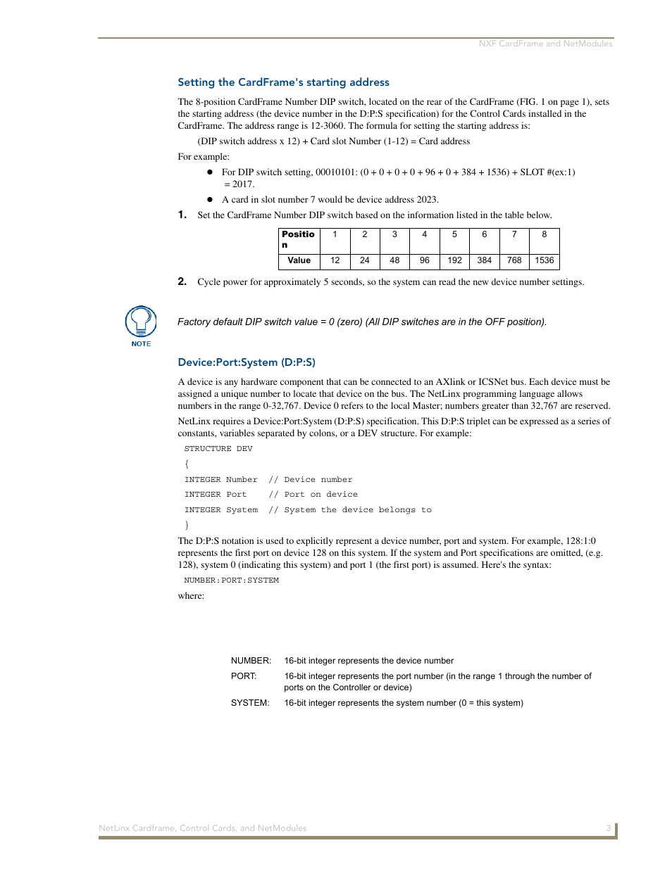 Setting the cardframe's starting address, Device:port:system (d:p:s) | AMX NetLinx NXM Series User Manual | Page 9 / 54
