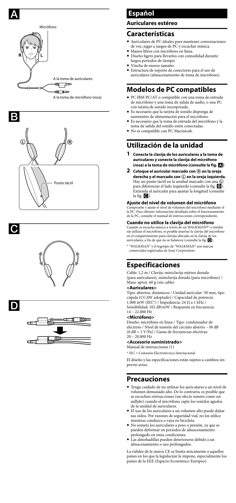 Español, Características, Modelos de pc compatibles | Utilización de la unidad, Especificaciones, Precauciones, Auriculares estéreo | Sony DR-310DP User Manual | Page 2 / 2