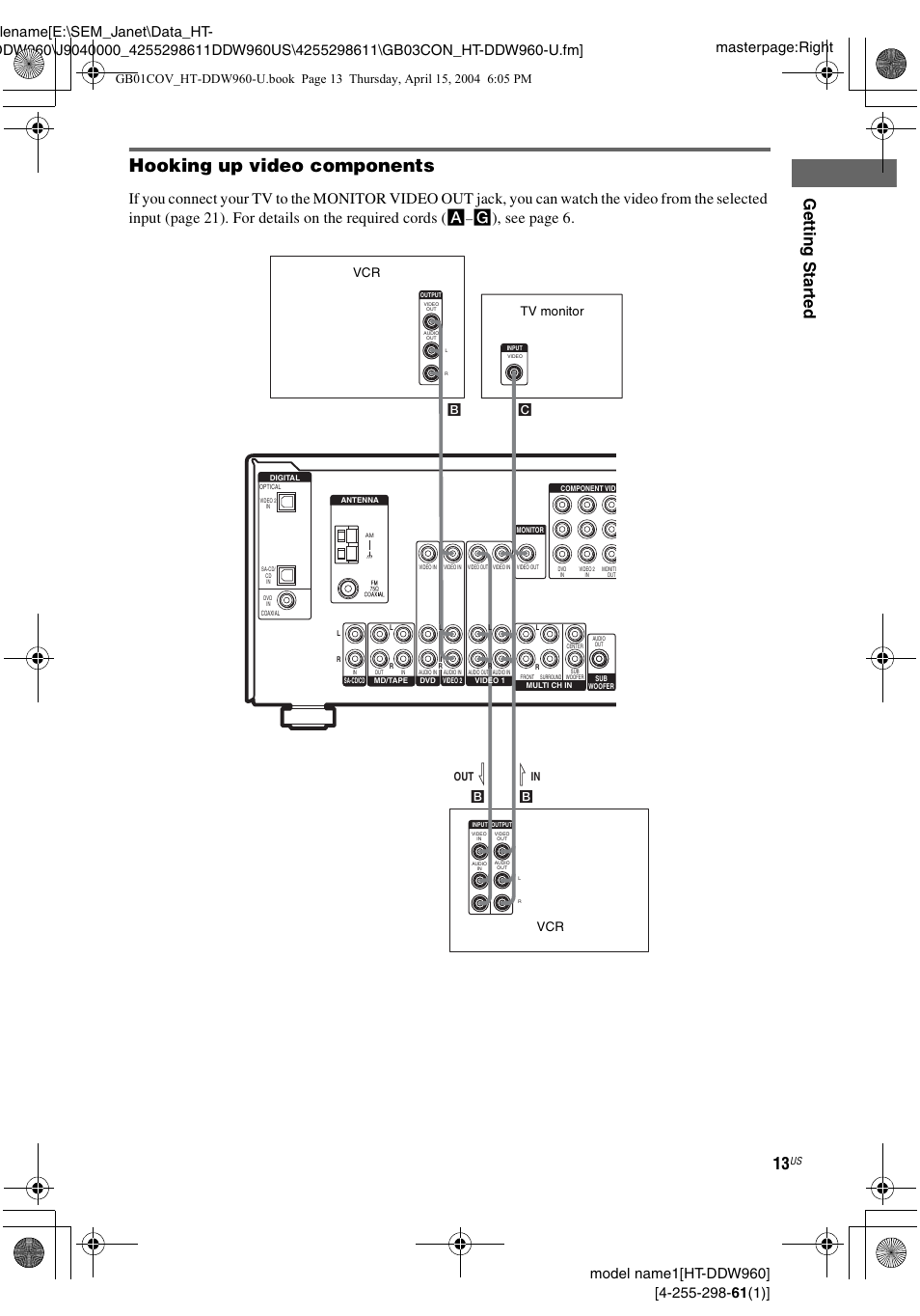 Hooking up video components, Gettin g star ted, G), see page 6 | Out l b | Sony HT-DDW960 User Manual | Page 13 / 56