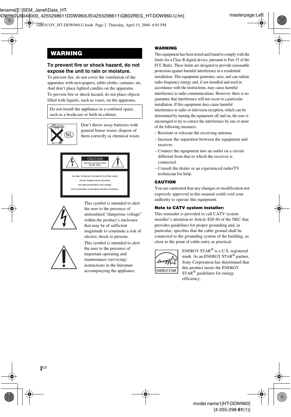 Warning | Sony HT-DDW960 User Manual | Page 2 / 56