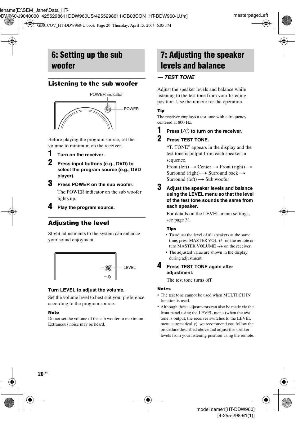 Setting up the sub woofer, Adjusting the speaker levels and balance, Test tone | Balance — test tone | Sony HT-DDW960 User Manual | Page 20 / 56