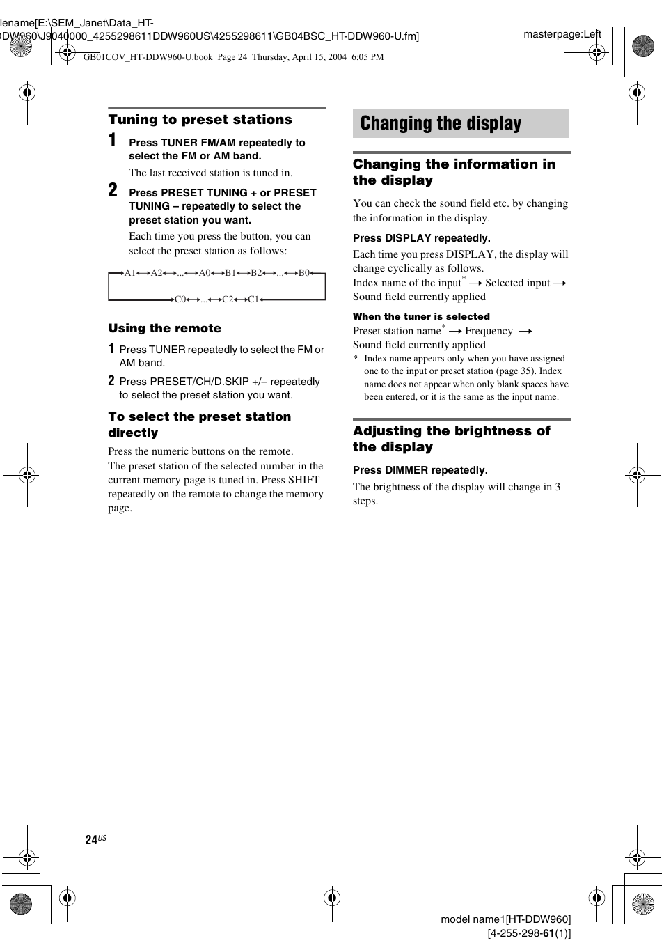 Changing the display | Sony HT-DDW960 User Manual | Page 24 / 56