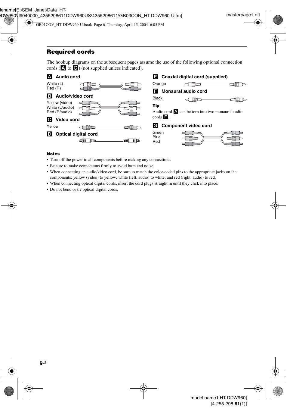 Required cords | Sony HT-DDW960 User Manual | Page 6 / 56