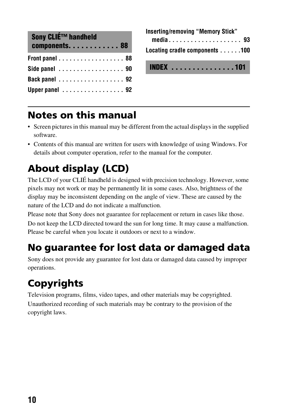 Notes on this manual, About display (lcd), No guarantee for lost data or damaged data | Copyrights | Sony PEG-TG50 User Manual | Page 10 / 104