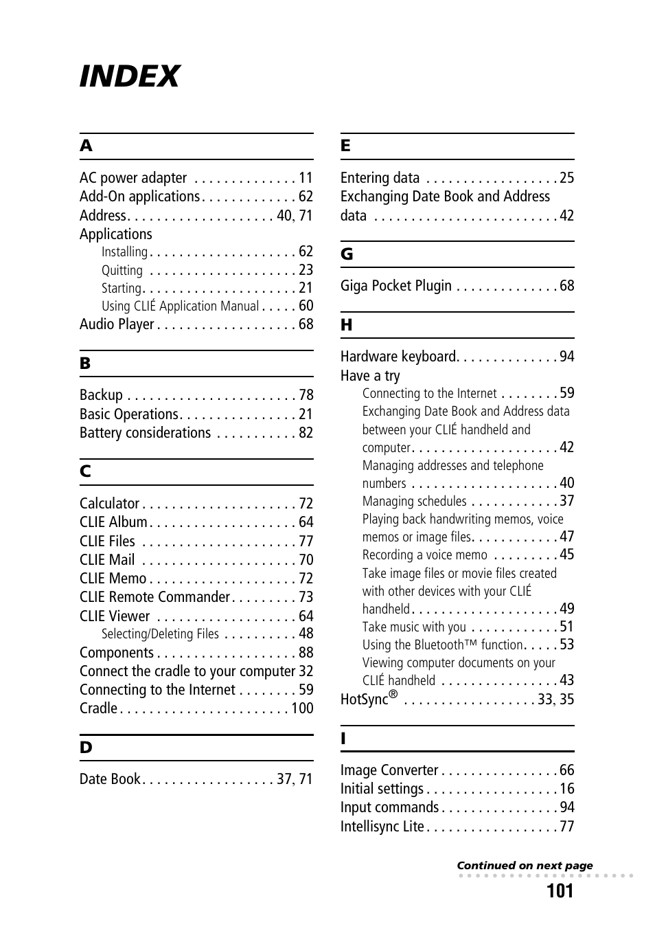 Index | Sony PEG-TG50 User Manual | Page 101 / 104