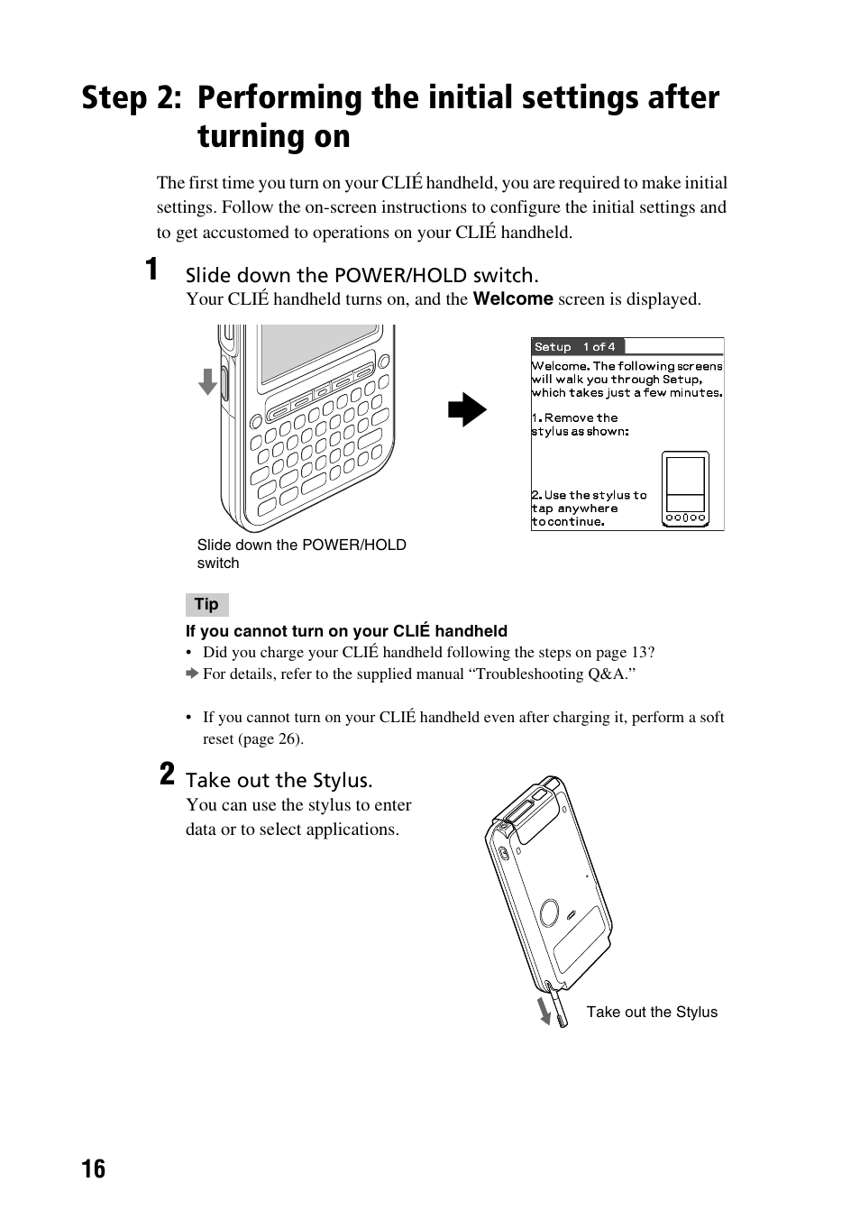 Performing the initial settings after, Turning on | Sony PEG-TG50 User Manual | Page 16 / 104