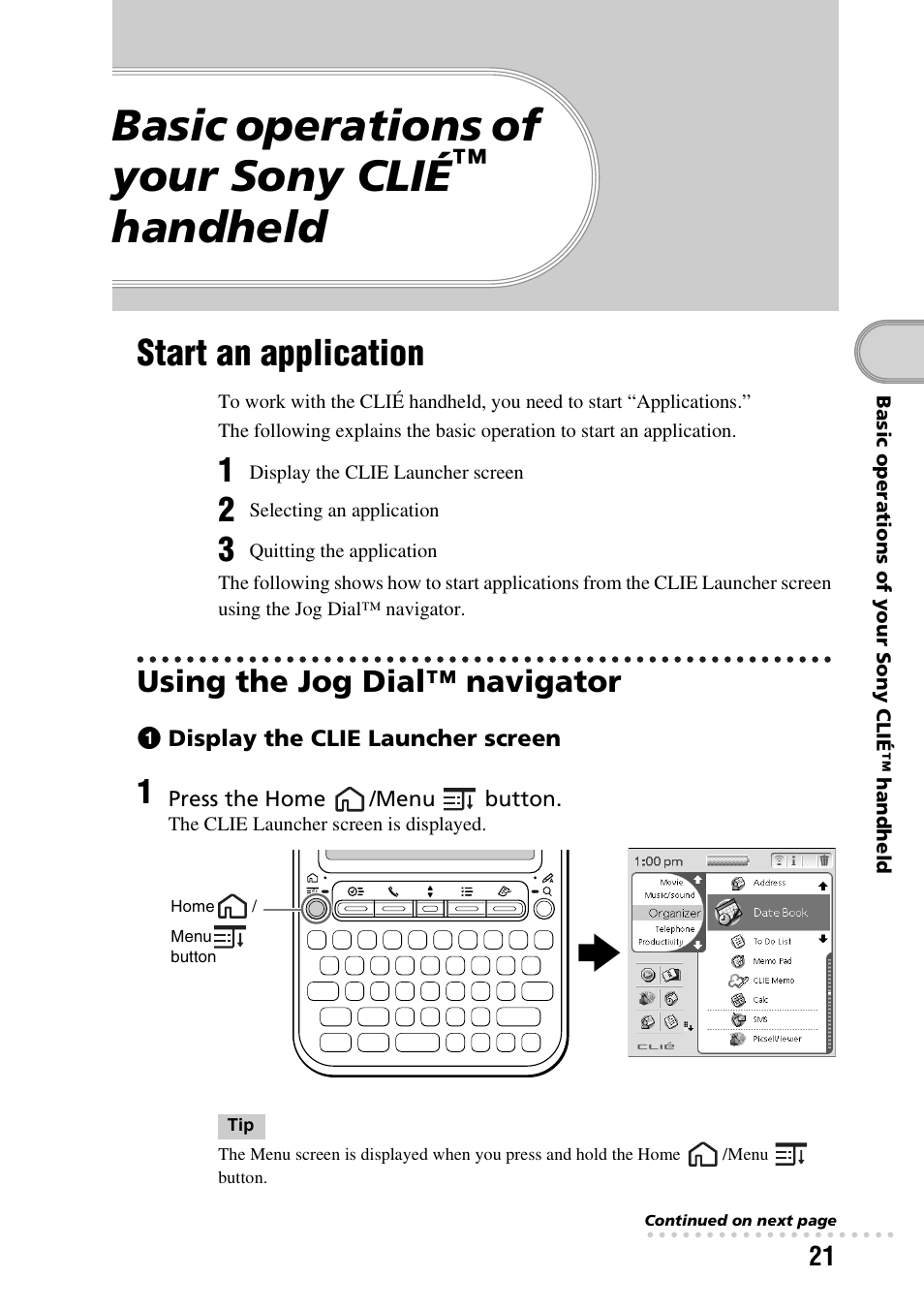 Basic operations of your sony clié™ handheld, Start an application, Using the jog dial™ navigator | Basic operations of your sony clié, Handheld | Sony PEG-TG50 User Manual | Page 21 / 104