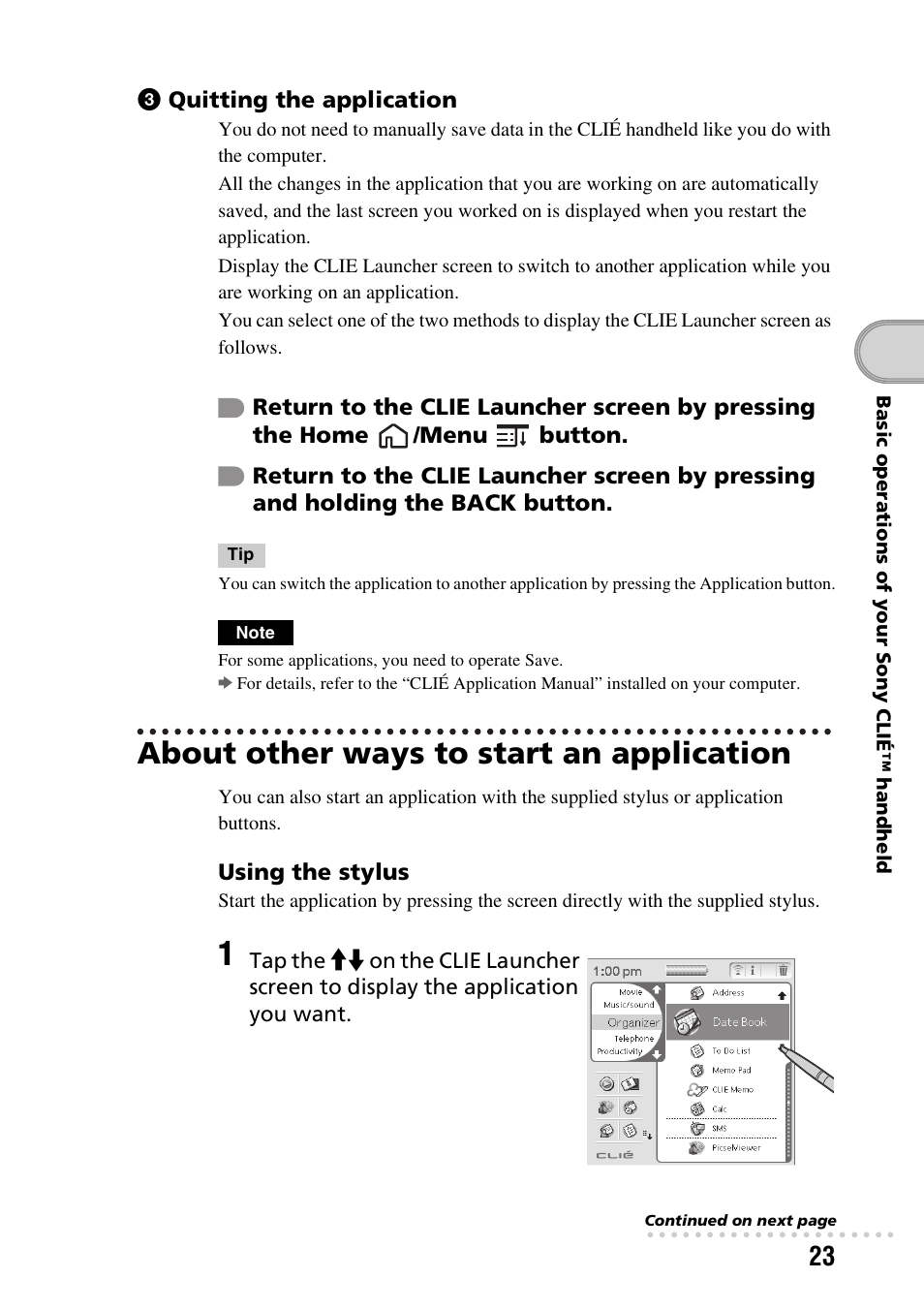 About other ways to start an application | Sony PEG-TG50 User Manual | Page 23 / 104