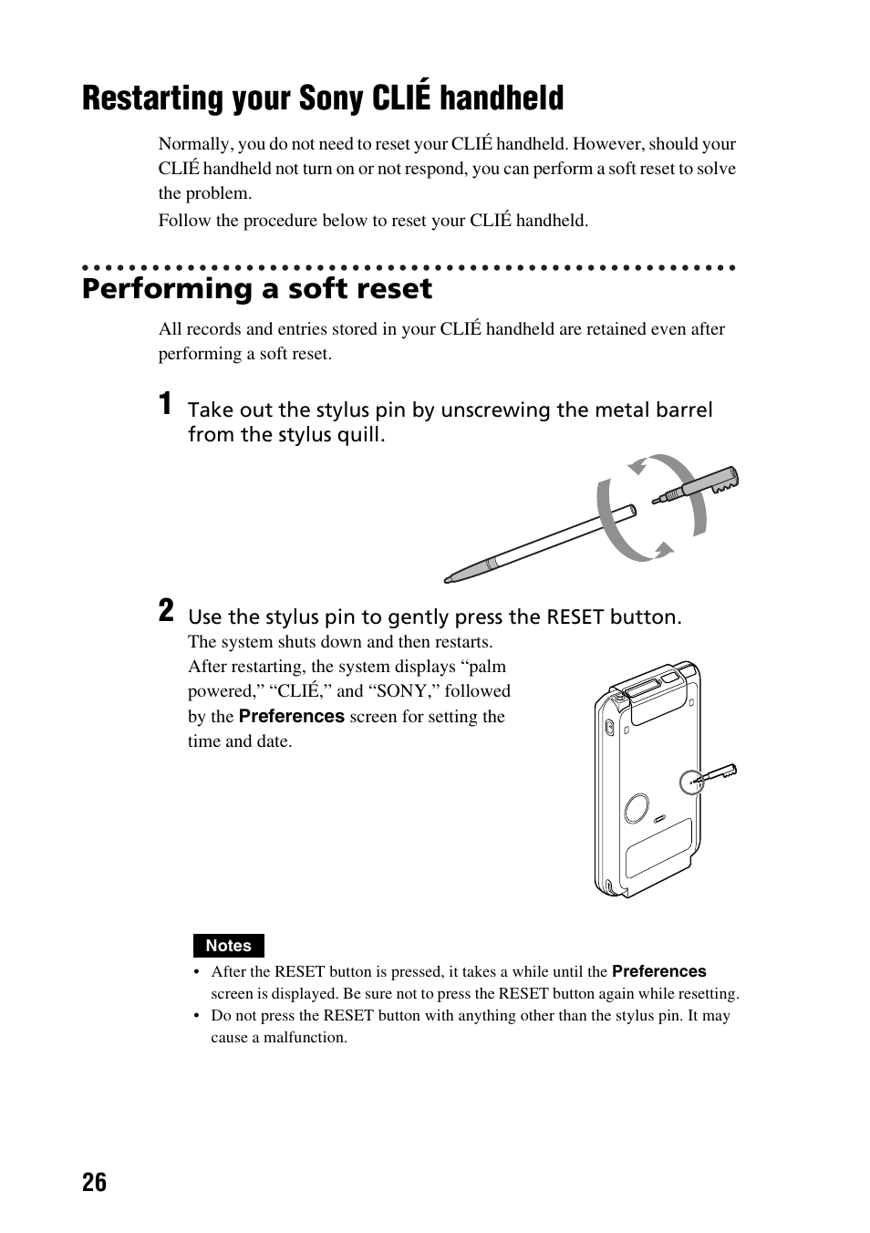 Restarting your sony clié handheld, Performing a soft reset, Restarting your | Sony clié handheld | Sony PEG-TG50 User Manual | Page 26 / 104