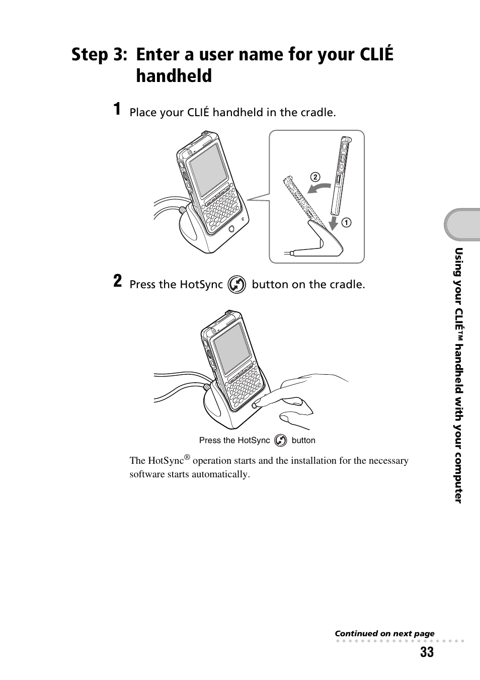 Step 3: enter a user name for your clié handheld, Enter a user name for your, Clié handheld | Sony PEG-TG50 User Manual | Page 33 / 104