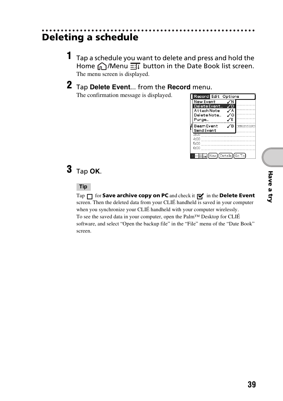 Deleting a schedule | Sony PEG-TG50 User Manual | Page 39 / 104