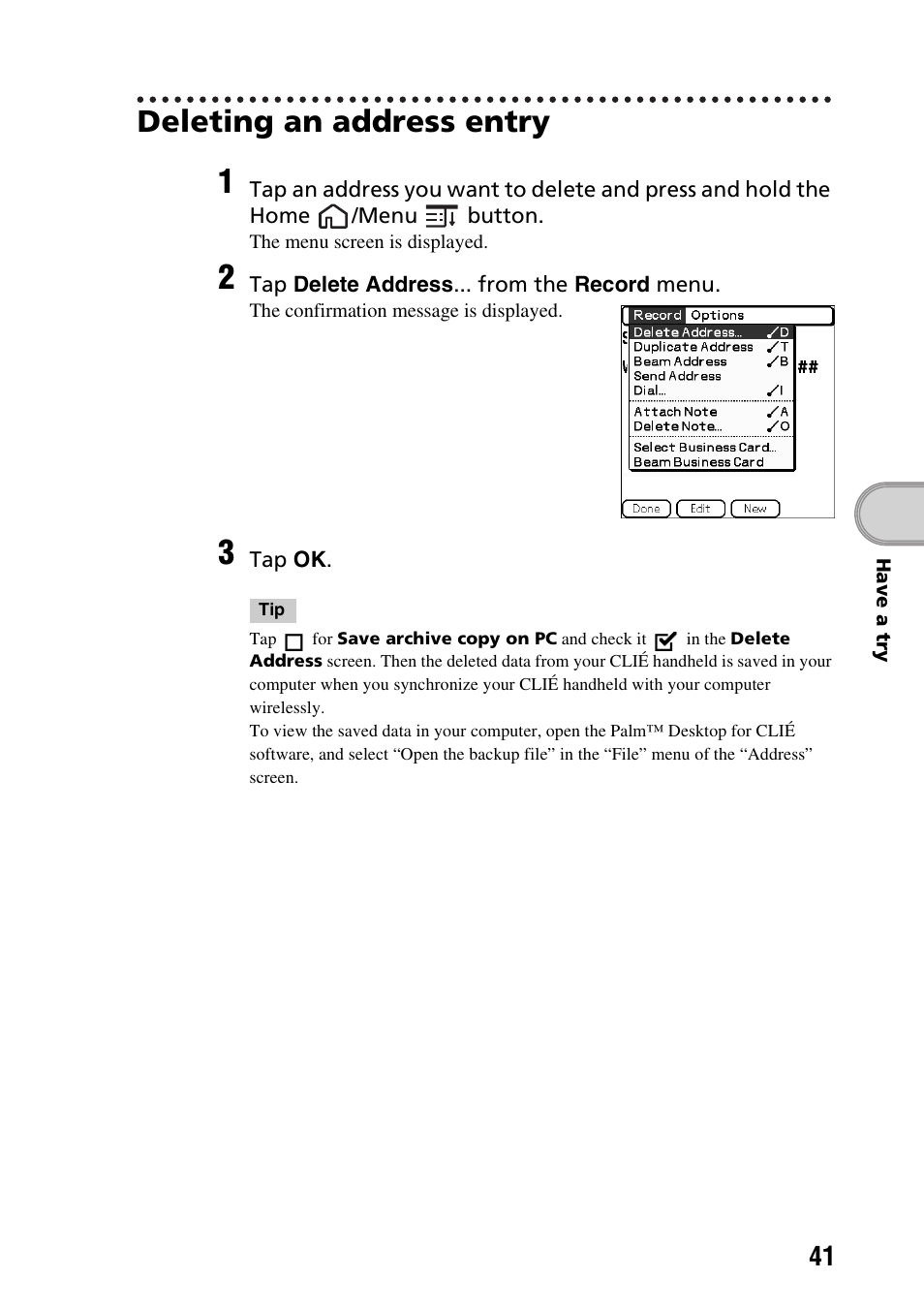 Deleting an address entry | Sony PEG-TG50 User Manual | Page 41 / 104