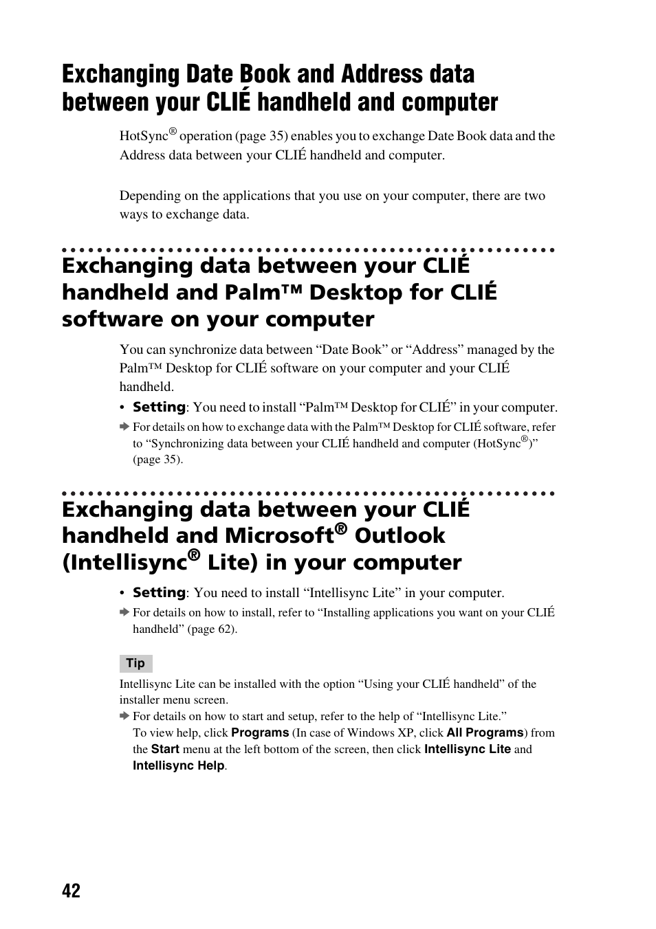 Exchanging date book and address data, Between your clié handheld and computer, Outlook (intellisync | Lite) in your computer | Sony PEG-TG50 User Manual | Page 42 / 104